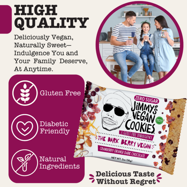 Jimmy's Vegan Cookies, The Dark Berry Vegan, Cranberry Orange Dark Chocolate Chip, Zero (0g) Sugar, Gluten Free, KETO Friendly, Soft Baked, 2 Ounce Vegan Cookie (Pack of 10) - Image 8