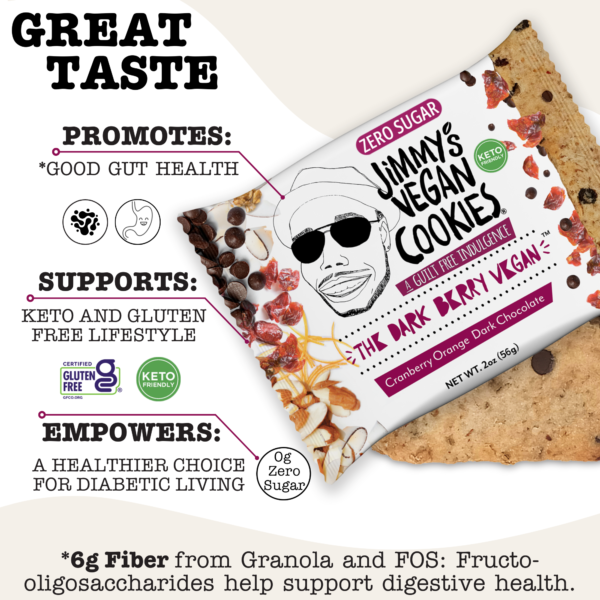 Jimmy's Vegan Cookies, The Dark Berry Vegan, Cranberry Orange Dark Chocolate Chip, Zero (0g) Sugar, Gluten Free, KETO Friendly, Soft Baked, 2 Ounce Vegan Cookie (Pack of 10) - Image 3