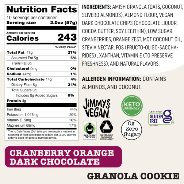 Jimmy's Vegan Cookies, The Dark Berry Vegan, Cranberry Orange Dark Chocolate Chip, Zero (0g) Sugar, Gluten Free, KETO Friendly, Soft Baked, 2 Ounce Vegan Cookie (Pack of 10) - Image 7