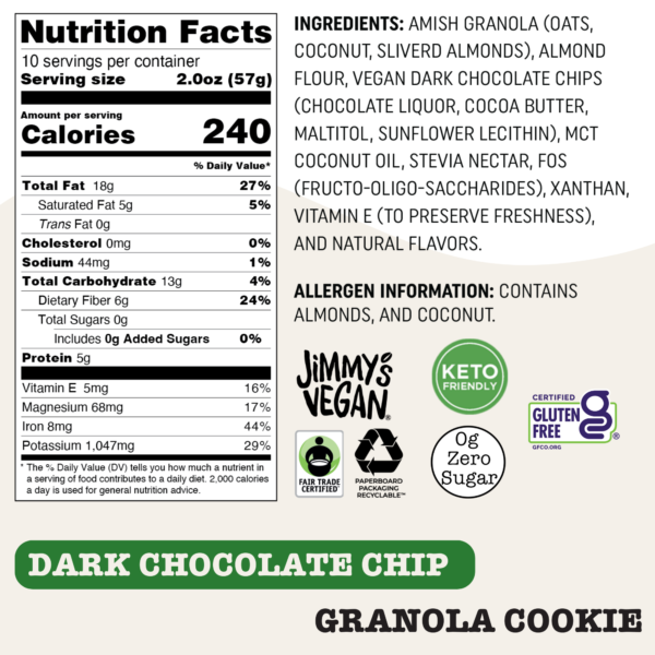 Jimmy's Vegan Cookies, Dark Chocolate Chip, Zero (0g) Sugar, KETO Friendly, Gluten Free, Soft Baked, The Loaded Vegan, 2 Ounce Vegan Cookie (Pack of 10) - Image 8